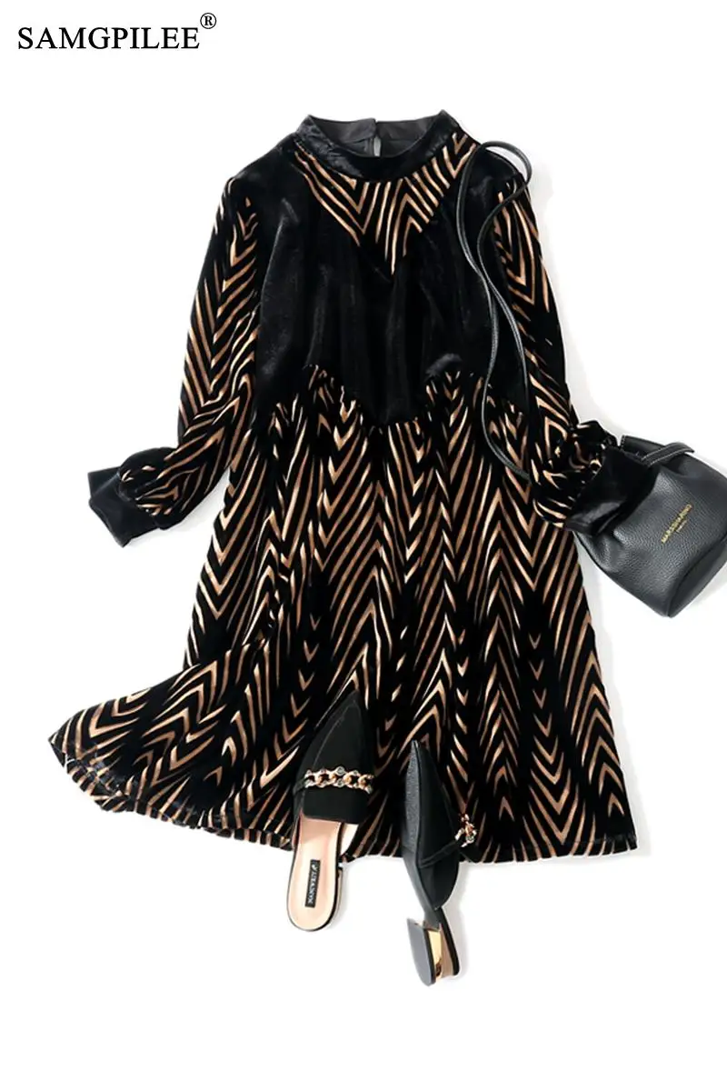 

Autumn Clothes For Women 2021 Casual Dress A-line Patchwork Wrist Sleeve Knee-length Empire O-neck Women Winter Dresses 4XL