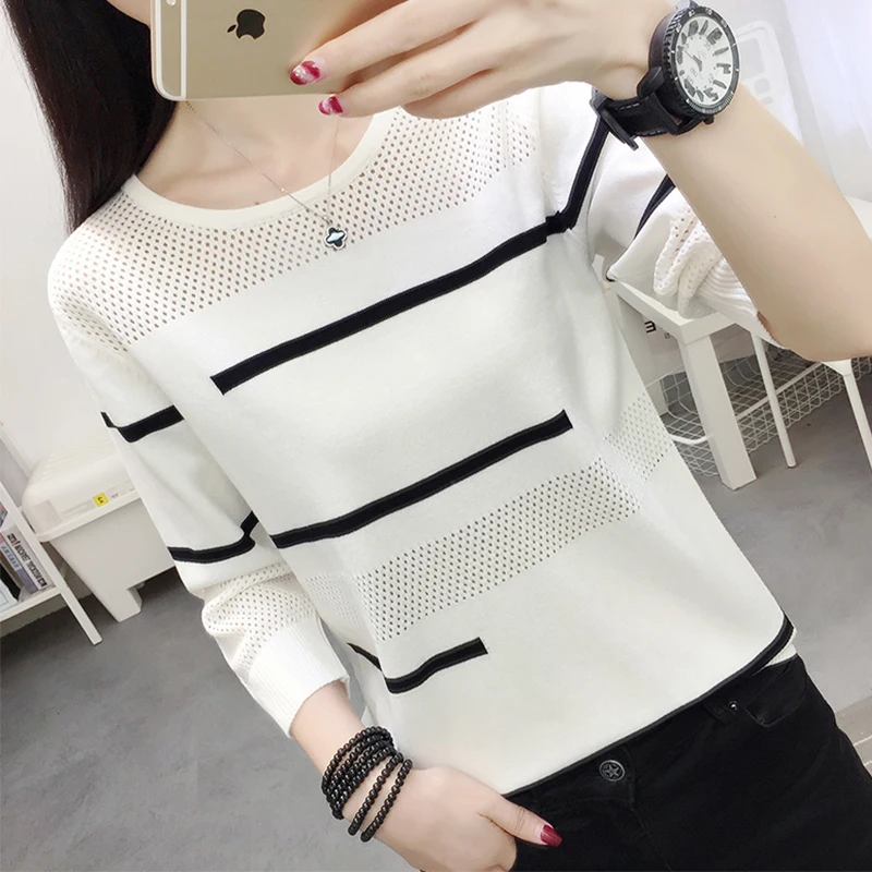 

Short Sleeve Striped Women Hollow Out Red Pullover Lady Summer 2021 Eyelet O-Neck Blue Knitted Tops Elegant Stretch Loose Jumper