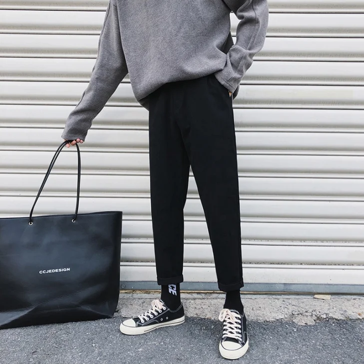 

5319 men's loose overalls Black elastic waist straight-leg casual pants