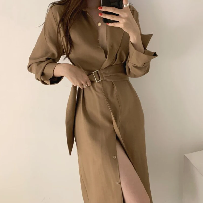 

Xi Jiang Moon New Women Shirt Maxi Dress Long Sleeve Solid Sexy Dresses Office Lady Single Breasted Vestidos B330