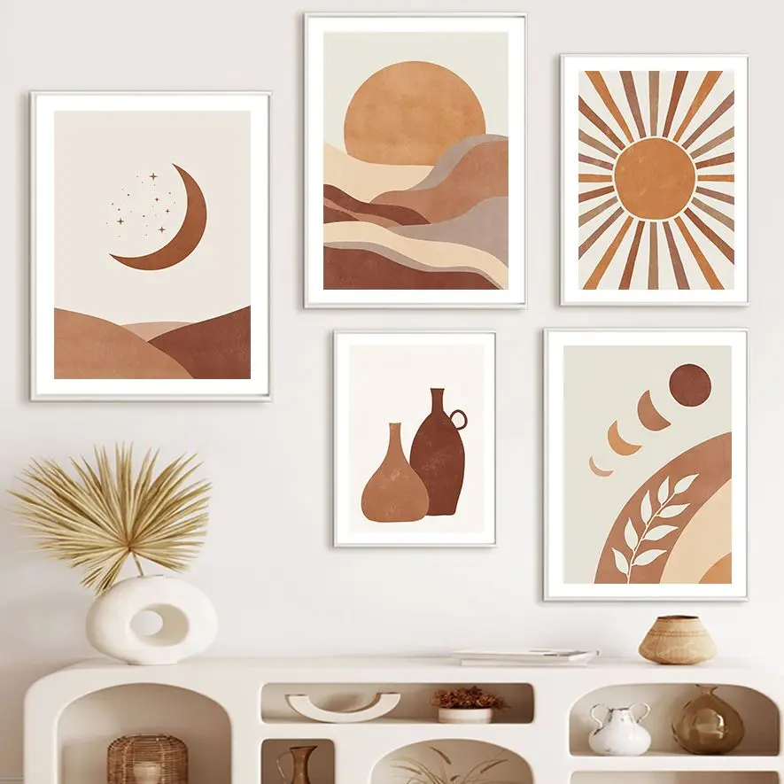 

Mountain Sunlight Moon Leaf Vase Abstract Wall Art Canvas Painting Nordic Posters And Prints Wall Pictures For Living Room Decor
