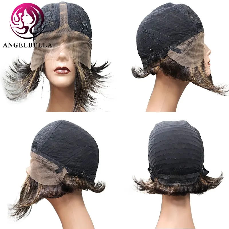 

Angelbella Brazilian Straight Short Human Hair Wig 1b-30# Highlight Bob Wigs 8" 150 Density Human Remy Hair Wigs