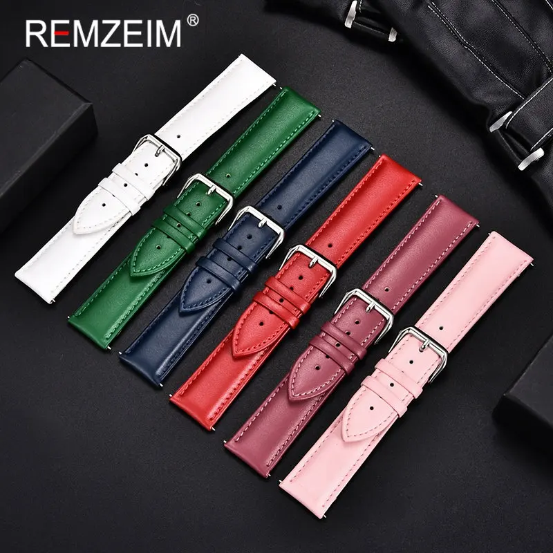Calfskin Leather Watch Strap 14mm 16mm 18mm 20mm 22mm Watchband For Women Men Watch Accessories Solid Buckle Blue Red Green