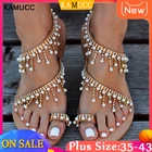 Женские сандалии, летняя обувь с кристаллами, пляжные сандалии на плоской подошве, размера плюс, шлепанцы, мягкие тапочки на плоской подошве, Женский 43