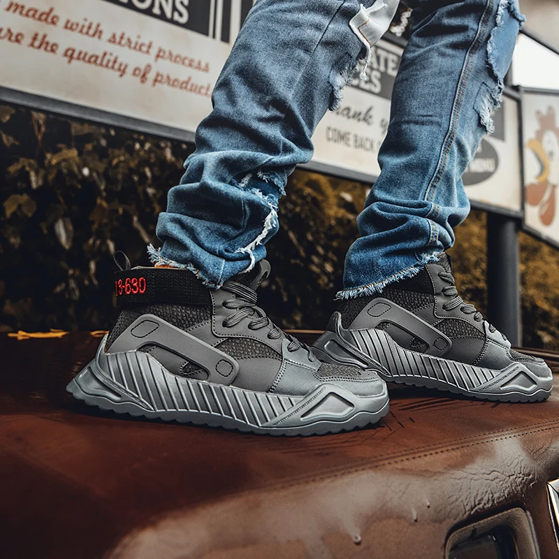 Autumn Winter Casual Shoes For Men Origina High Top Pu Leather Shoe Gray Young Footwear Designer Thick Soled | Обувь