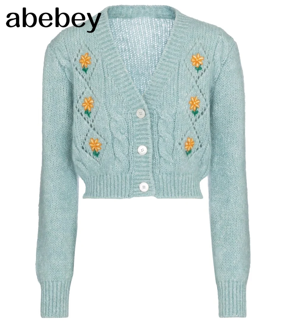 

Gray Light Blue White Knit Cardigan Sweater Long Sleeve V-Neck