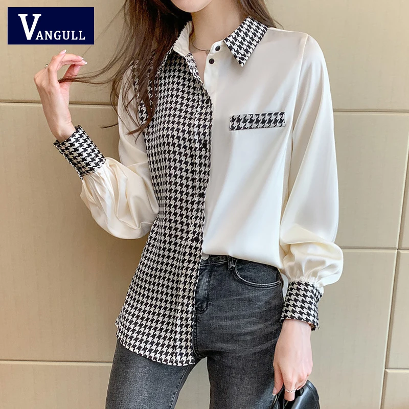

Vangull Satin Chiffon Blouse Women Office Lady Spliced Tops Patchwork Korean Fashion Shirt Female Clothing Long Sleeve Plus size