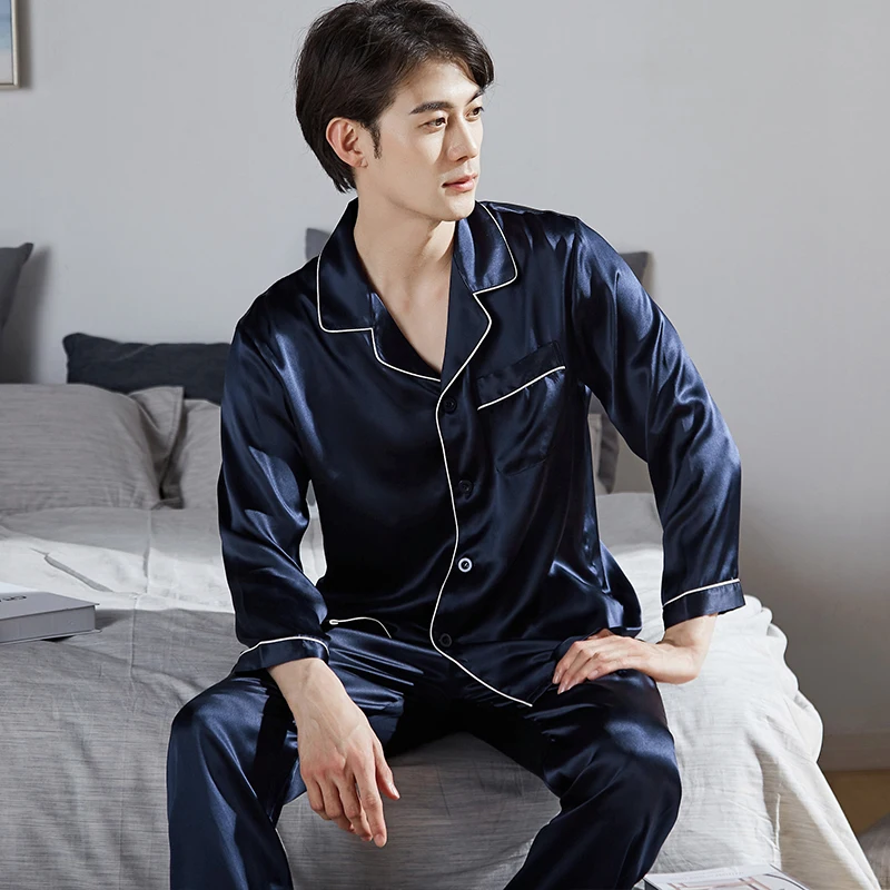 100% Real Silk Pajama for Men Sleepwear Dark Blue Pyjamas Satin Pijamas Homme PJs Home Clothes Hangzhou Pure Silk Pajamas Sets