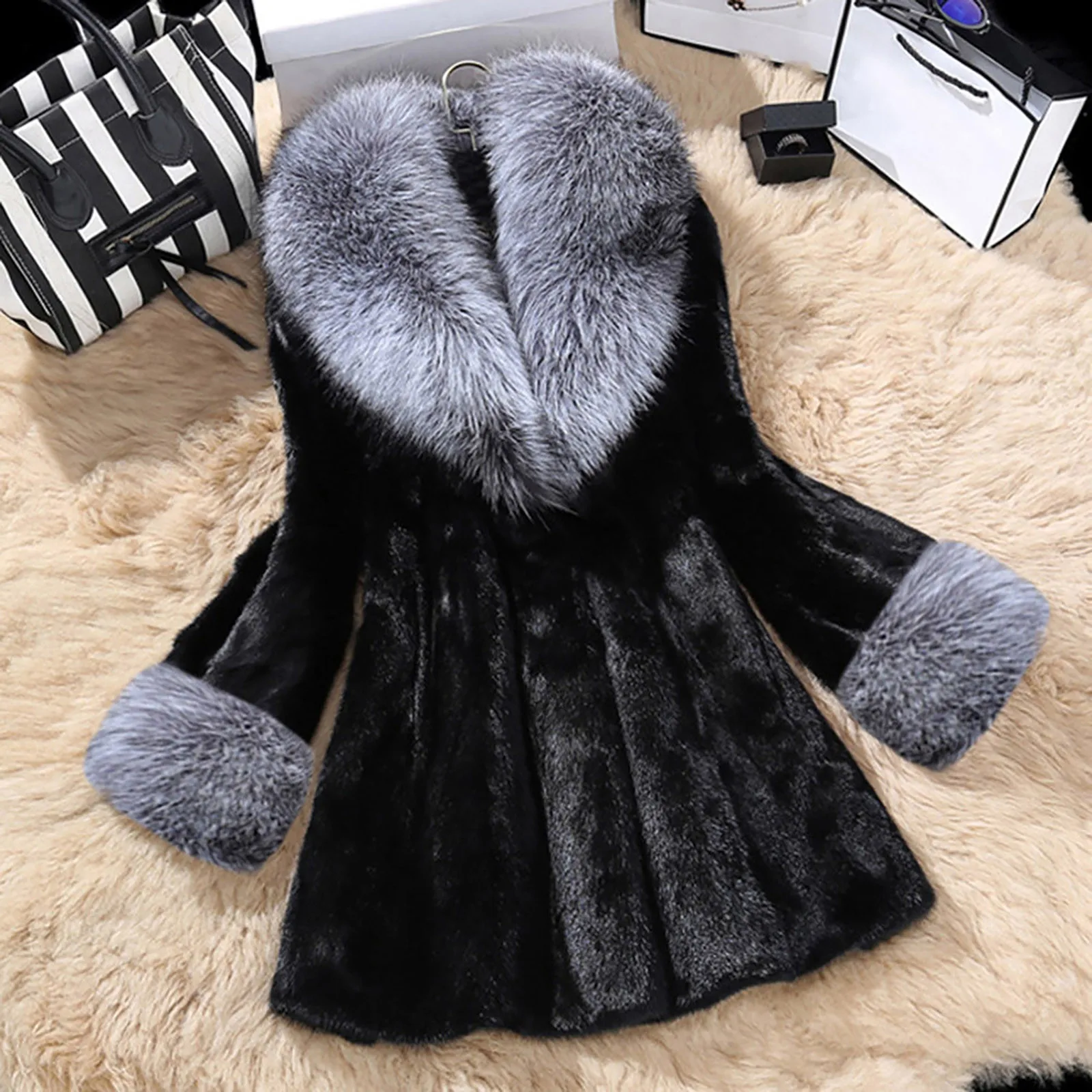 

S-3XL Large Size Women's Luxury Faux Fur Coats Solid Color Covered Button Coats Elegant Skirt Long Coats sobretudo feminino