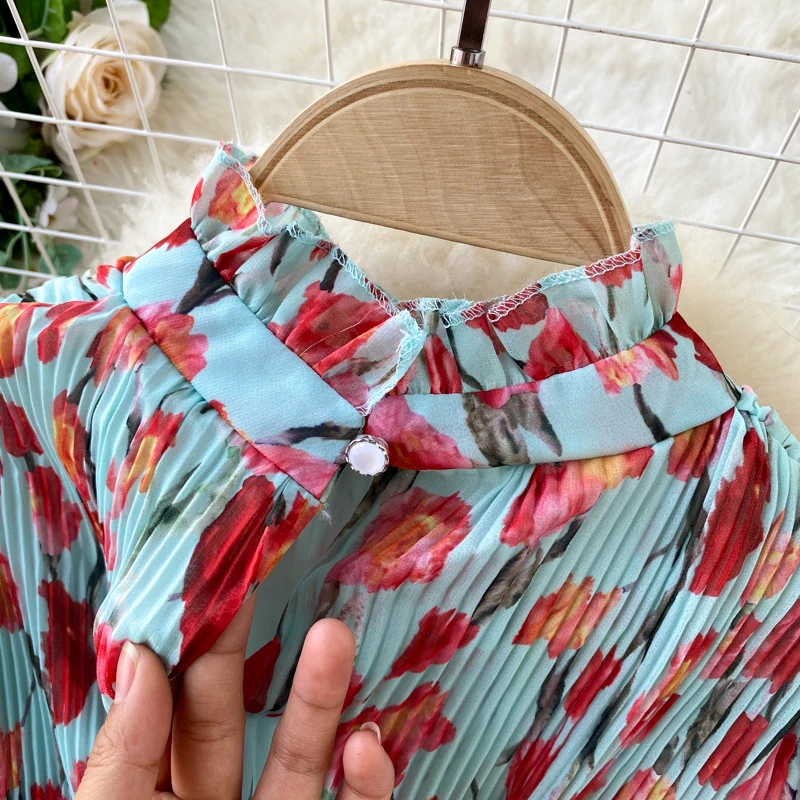 

French Floral Print Dress Women Elegant Puff Short Sleeve Pleated Mid-calf Dress Vacation Beach Summer Dresses Vestidos Mujer