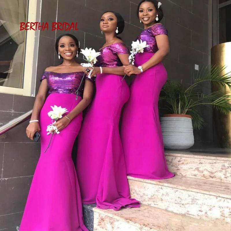 Фуксия горничная честь платья для свадьбы Блестящий Глубокий круглый вырез