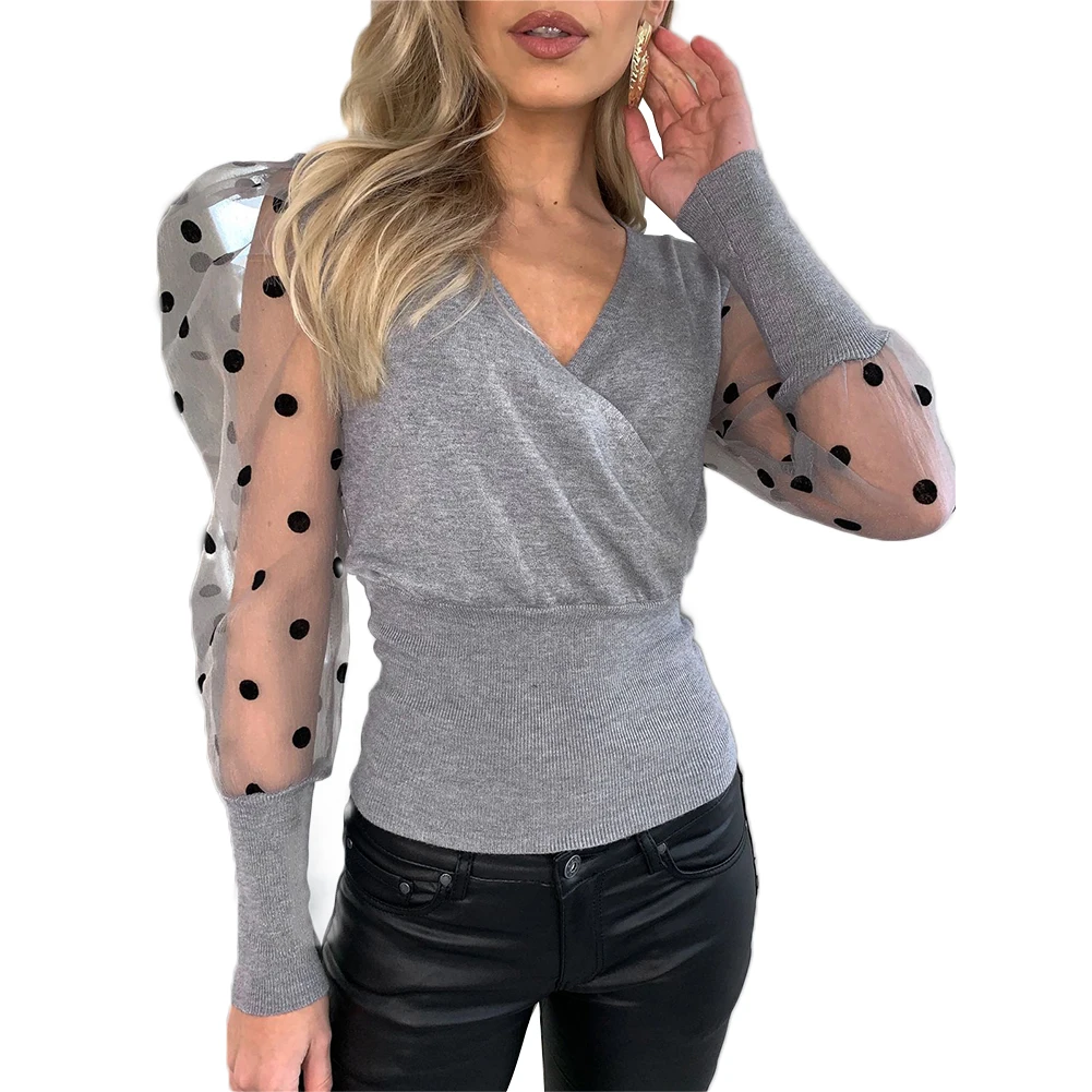 Офисная рубашка в горошек Женская сетчатая прозрачная блузка с v образным