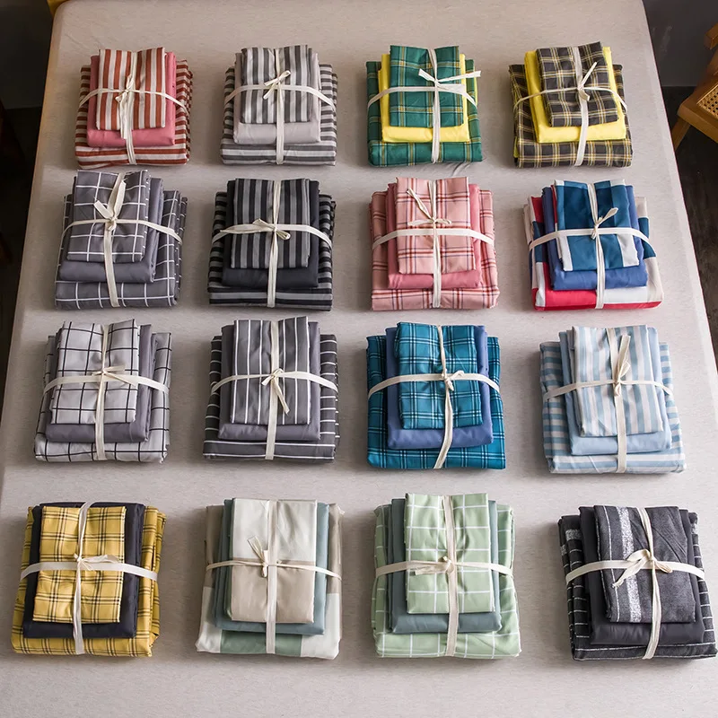 

Bedding Set Plaid Stripe Print Quilt Cover Sheets Pillowcase Button Duvet Covers 3/4pcs Sets Full Queen king Size Home Textile