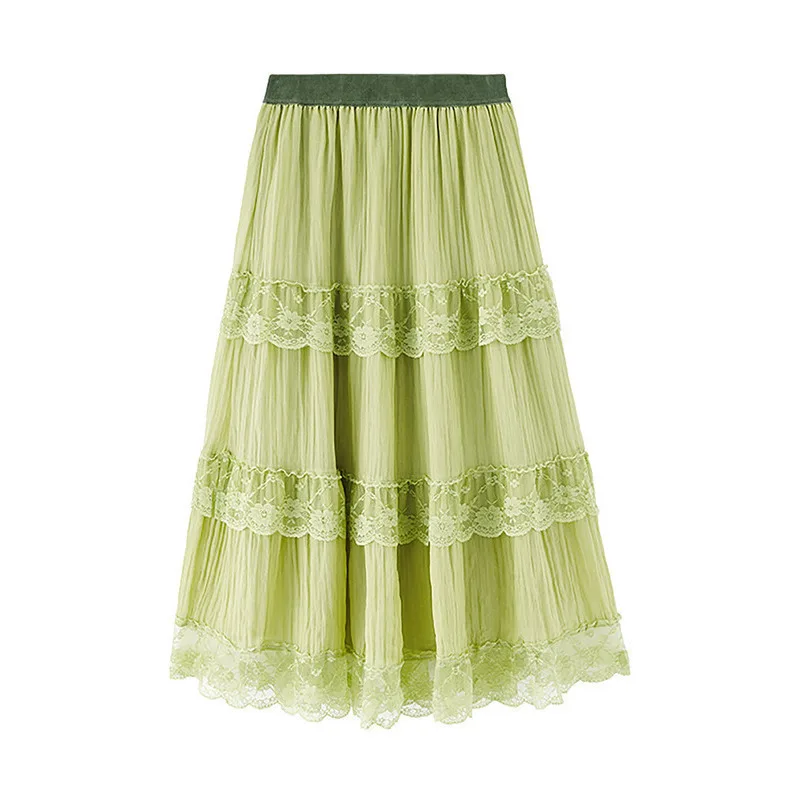 

INMAN Autumn Tulle Green Or White Women Skirt Janpanese Style Elegant Kawaii Lady Lace Fairy Elastic Waist Sweet Bottom Wear