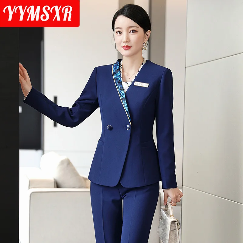 S-4XL High Quality Large Size Women's Suit Office Pants Two-piece Fall Winter Solid Color Ladies Long Sleeve Blazer Workwear