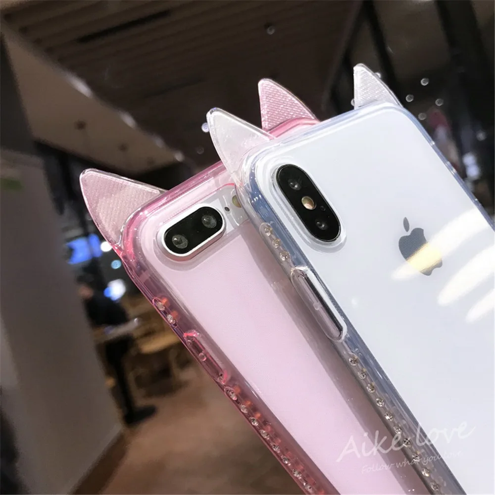 N1986N Телефон чехол для iPhone 6 6s 7 8 Plus X XR XS Max роскошный сверкающий чехол с кристаллами милые кошачьи уши прозрачный мягкий TPU для iPhone X чехол для телефона