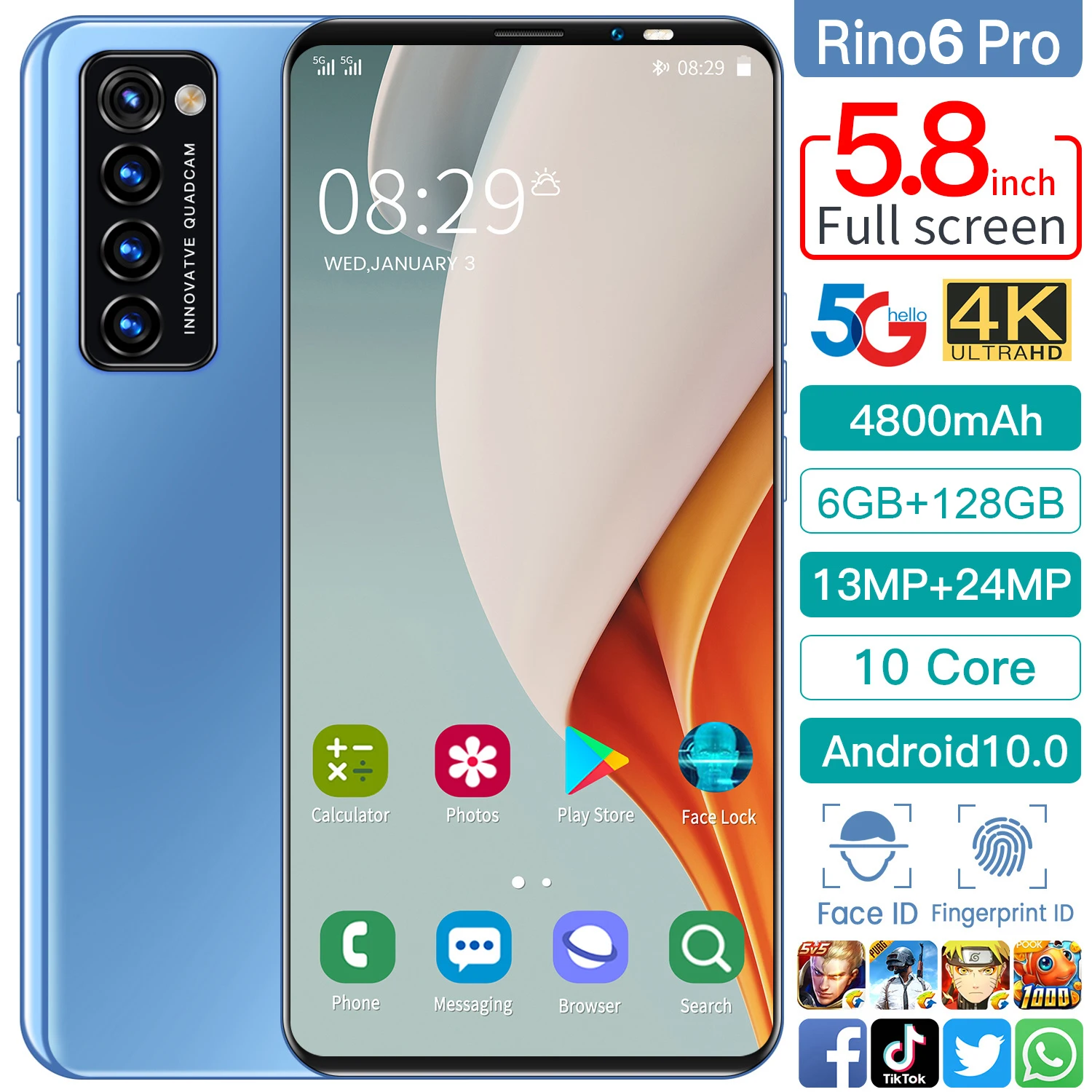 

Smartphones Rino6 pro 5.8 Inch 8+256GB 10 Core 4800mAh Andriod 10 Mobile Phone Face ID Cellphones Dual SIM 13+24MP Andriod Phone