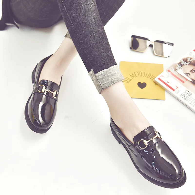 

2020 Women British Style Small Leather Shoes Women's Casual Thick Single Shoes Ladies Daily Work Black Patent Leather Loafers