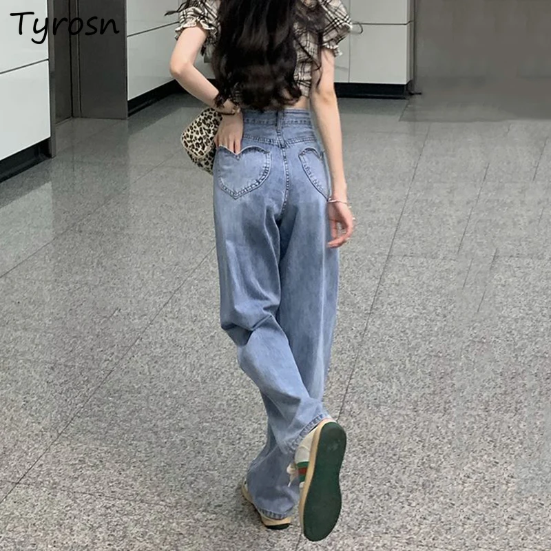 

Jeans Women Design Love-pockets Hollow Out High Waist Jean Streetwear Hip Hop Sweet Loose Mopping Denim Trousers Girls Ulzzang