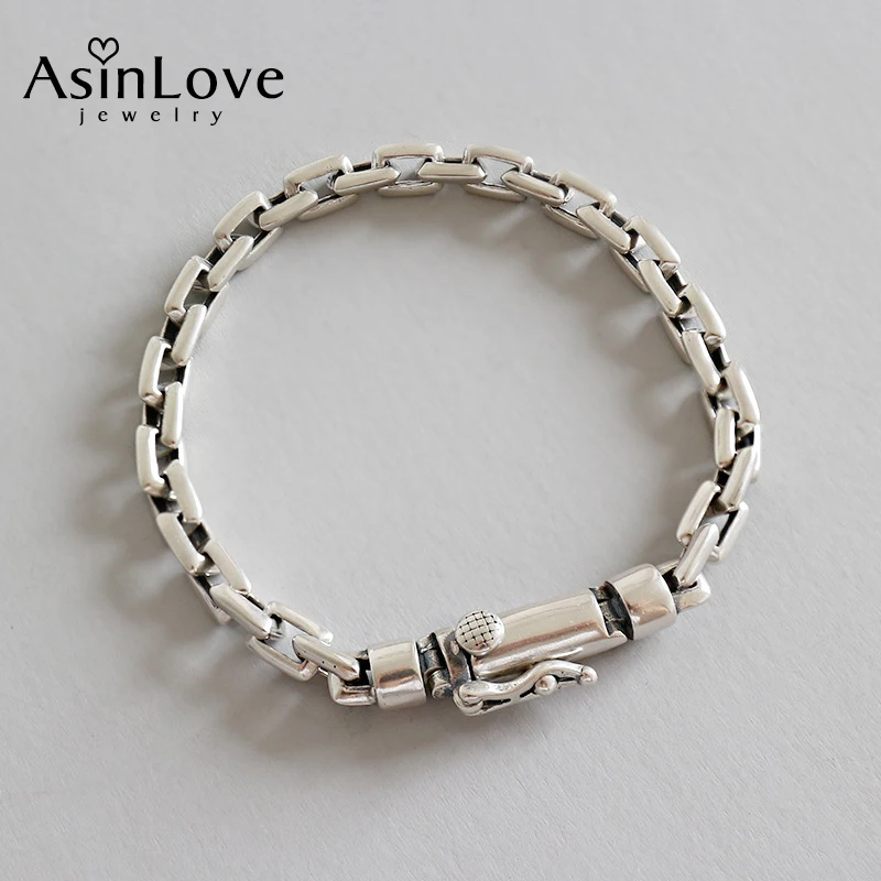 

AsinLove Vintage Geometry Ladies Bracelet Classic Retro Real 925 Sterling Silver Bracelet for Women Handmade Design Fine Jewelry
