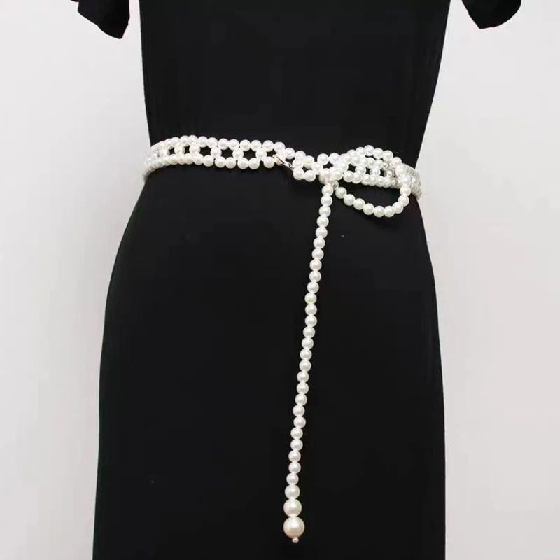 Elegant Elastic Band Women's Wide Waist Chain Decorative Dress Korean Versatile Cardigan Pearl Belt Skirt Belly Chain Jewelry