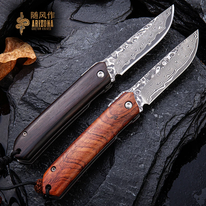 Ветровой нож из дамасской стали бутиковый складной с подшипником острый