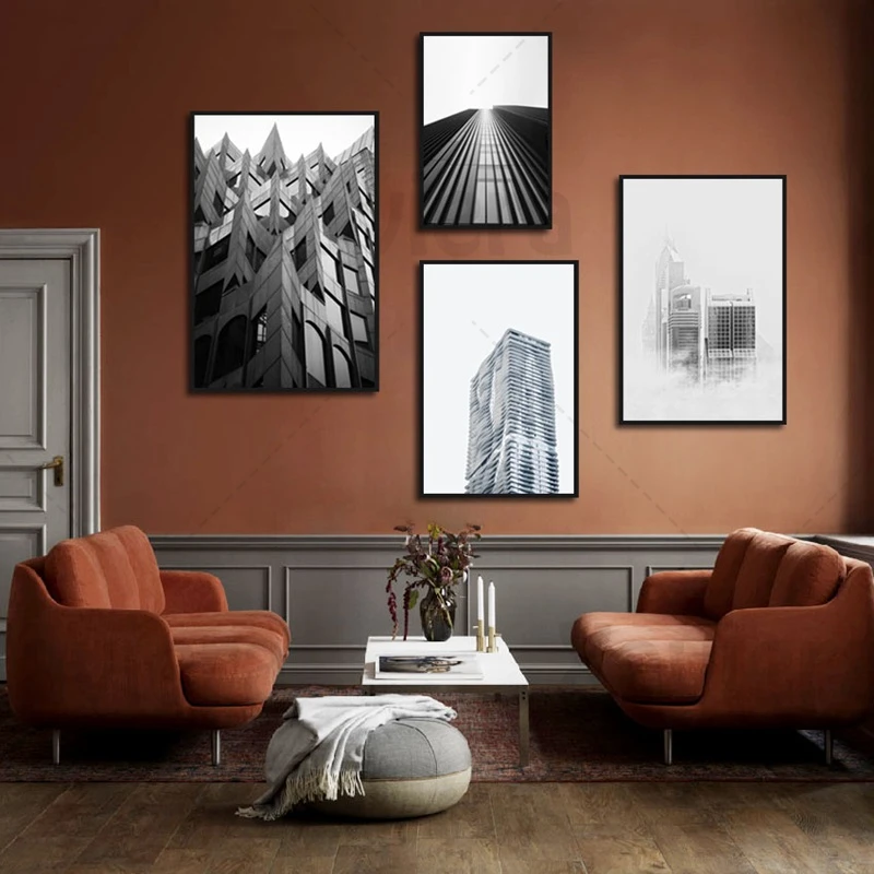 

Многослойное архитектурное здание, черно-белый пейзаж, холст, живопись, креативная декоративная живопись для гостиной, дивана, стены