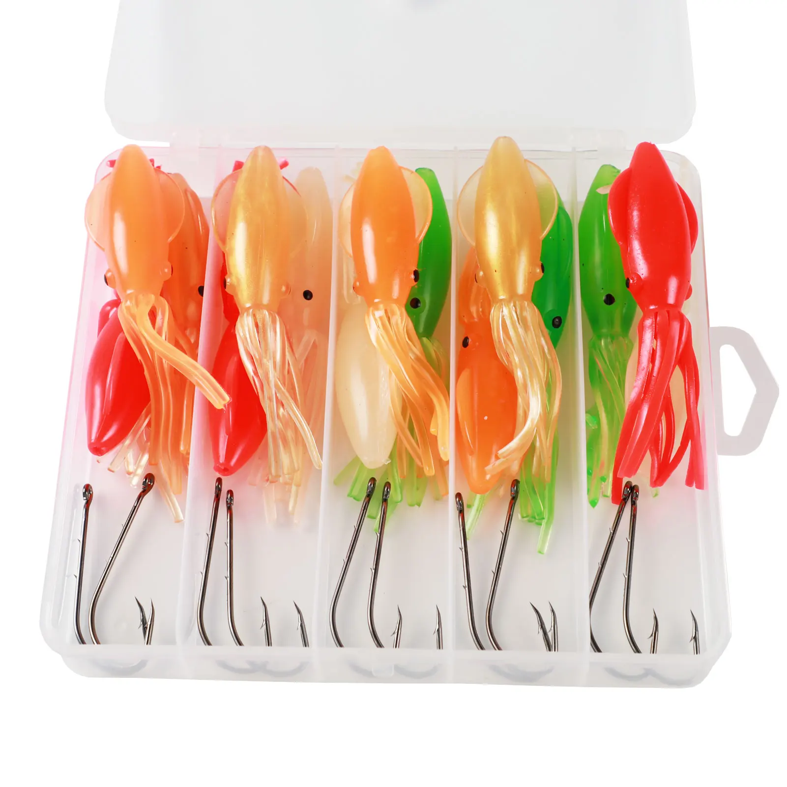 

Мягкие наживки в виде осьминога, 15 шт., рыболовные приманки, юбка, тунец, 11 см, 14 г, искусственные наживки, 10 шт., 92247 одиночные крючки с коробочк...