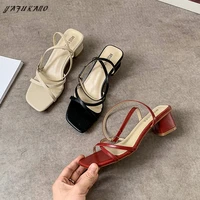 summer buckle strap red mid heel high heels fairy style chunky heel square toe casual sandals classic ladies party dress shoes