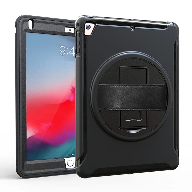 

For iPad Air Air2 Leather Hand Strap Rotating PC Bracket Silicone Flat Case Shockproof and Drop-proof Back Shell