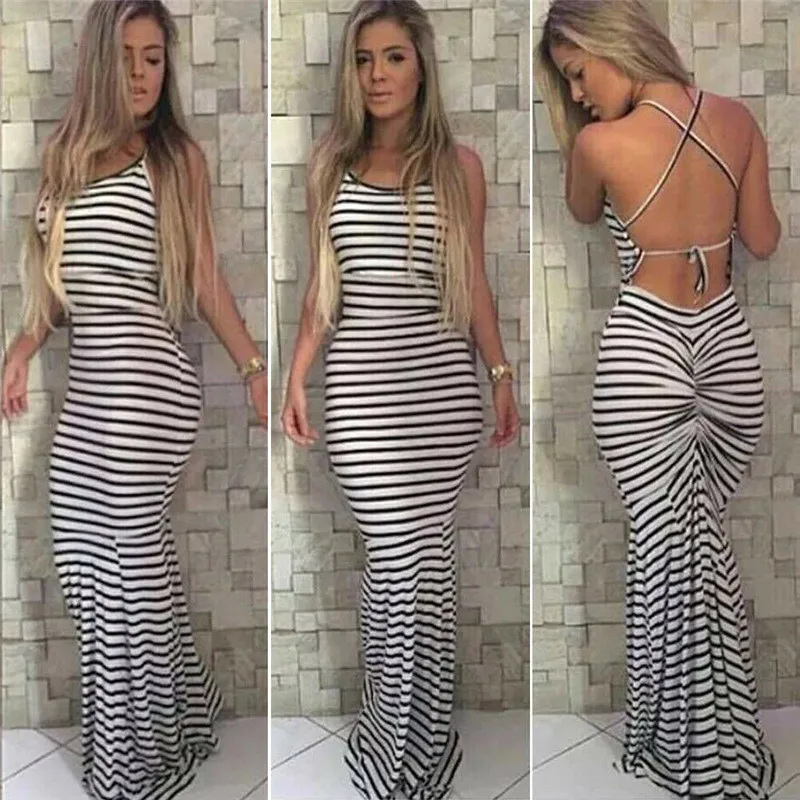 

Women Formal Long Evening Party Ball Prom Striped Backless Long Dress