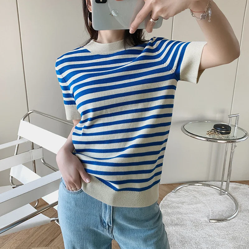 

New Women Knitted Striped T-shirt 2021 Short Sleeve O Neck Spring Summer Casual Age-reduced Knitwear Tshirt Tops