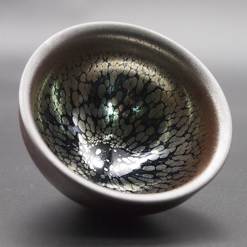Чашка 110 мл серебристая керамическая чашка с узором в виде пятен масла чайная Temmoku