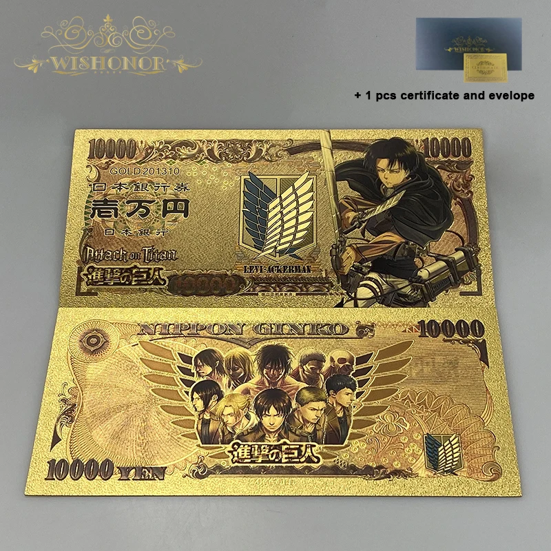 10pcs/lot Japan Anime Attack on Titan Banknote Anime Plastic Card in 24k Gold Plated For Collection
