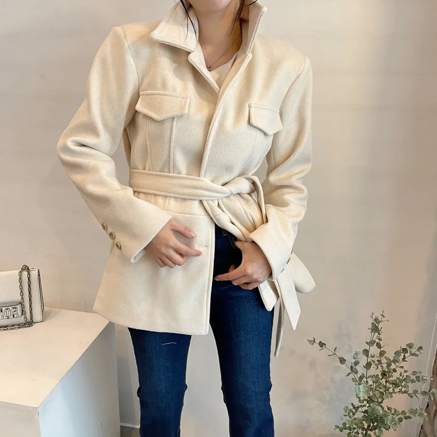 

Comelsexy New Winter Jacket OL Elegant Minimalidt Loose Lace-up Suit Collar Faux Wool Coats Vintage Outwear Quilted Woolen Coat
