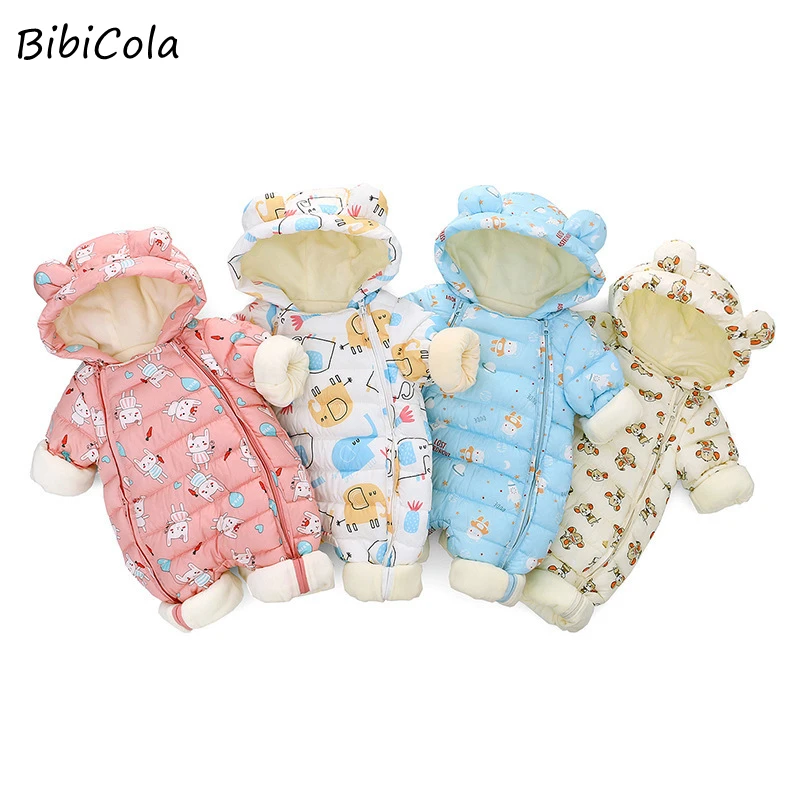 

Baby Winter Snowsuit Plus Velvet Thick Warm Baby Boys Jumpsuit Newborn Romper Baby Girls Cute Print Overalls Toddler Coat