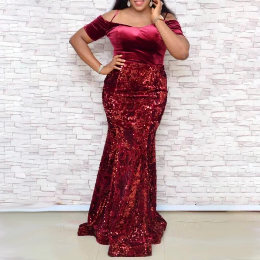 Floor-Length Off Shoulder Sequins Evening Women Dress Vintage Red Short Sleeve Velvet Sexy Long Party African Ladies Retro | Женская