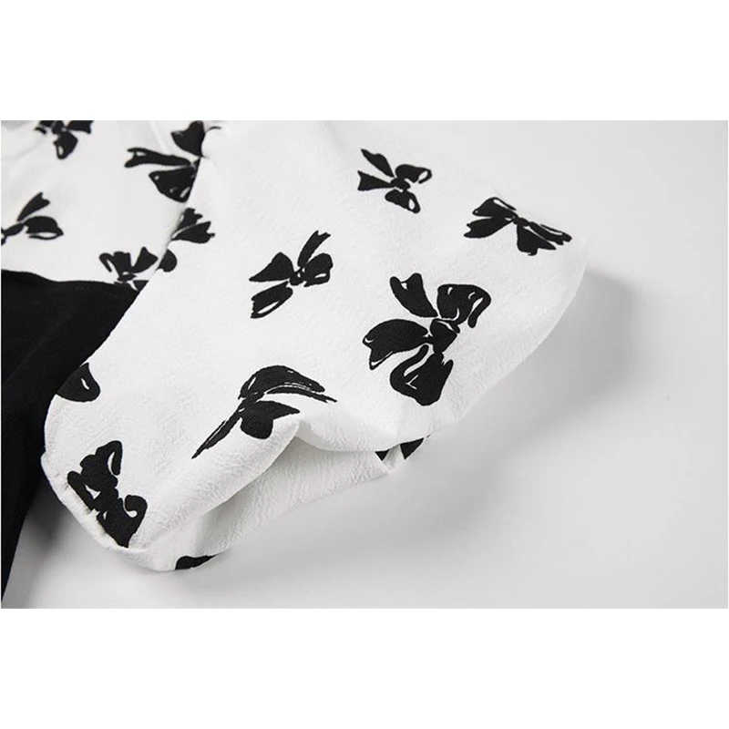

French Vintage Casual Dress Women Summer Short Sleeve Crewneck Bow Print Patchwork Black Lady Vestidos 2021 Sweet Frocks Female