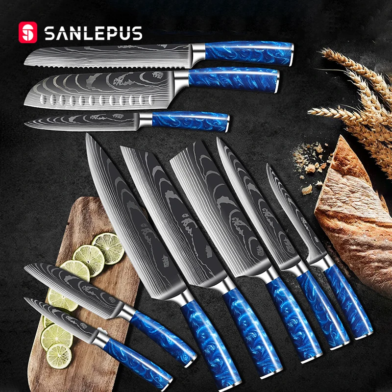 

Набор кухонных ножей SANLEPUS, 1-10 шт., нож шеф-повара из высокоуглеродистой нержавеющей стали, нож сантоку, острый нож, нож для нарезки, лучший вы...