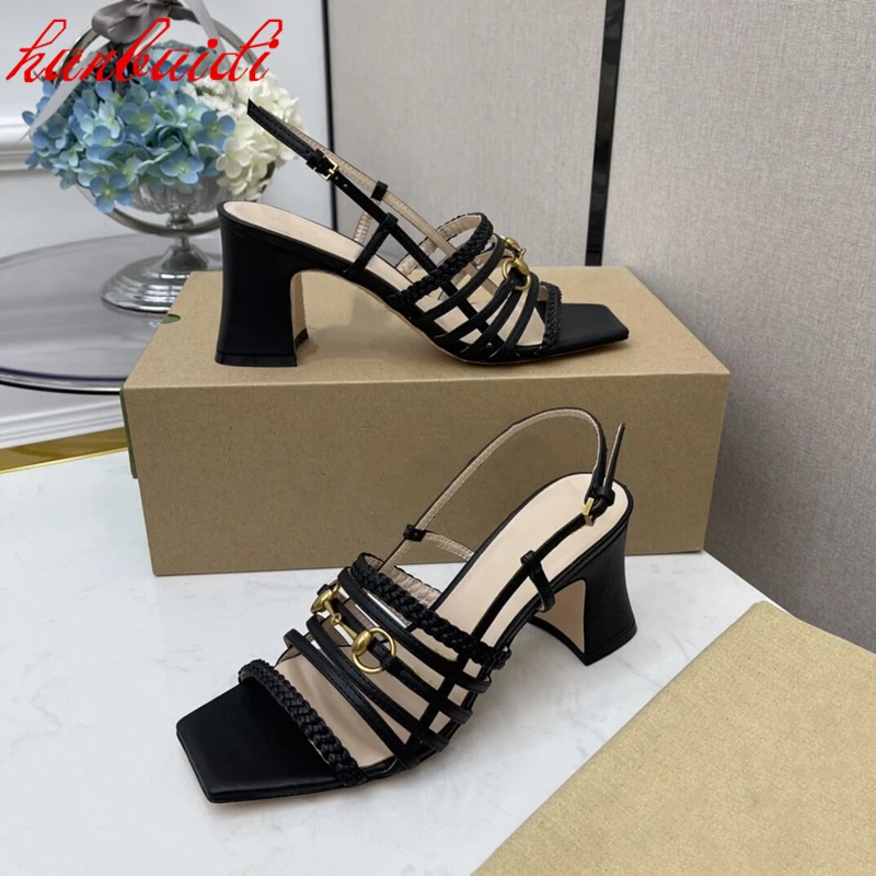 

Summer New Women Woven Shoes Round Buckle Thick Heel Sandals High Heeled Thin Belt Open Toe Roman Shoes Metal Decoration Shose