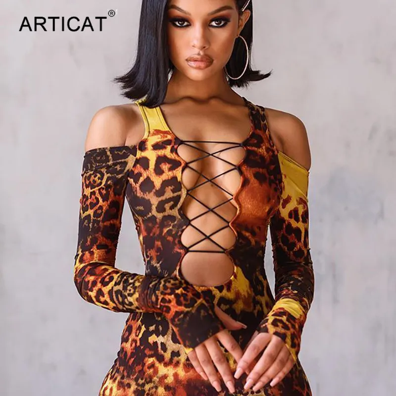 Articat леопардовое Бандажное платье со шнуровкой женское облегающее миди с длинным