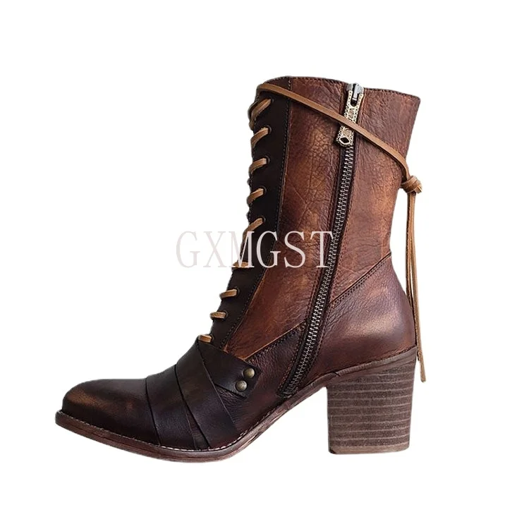 

2021New Women Winter Outdoor Lace-up Ankle Boots Ladies Square Heel PU Boot Plus Size 35-43 Casual Booties Woman Zapatos Mujer