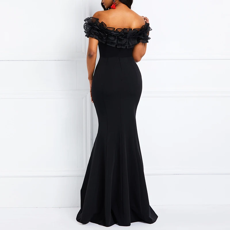 MD Африканское женское черное платье с открытыми плечами Сетчатое рюшами
