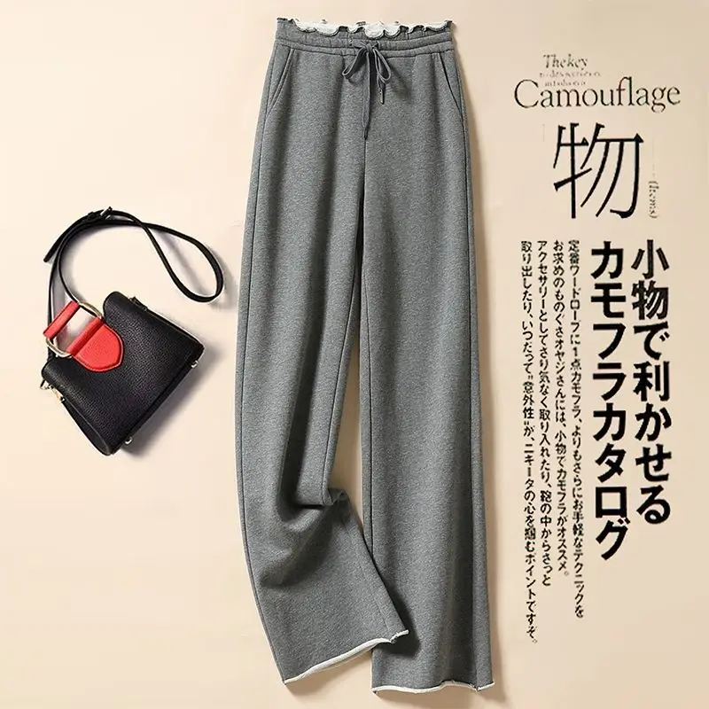 

Cotton wide-leg pants women's high-waist spring and autumn new style wooden ears drawstring loose straight casual sports pants