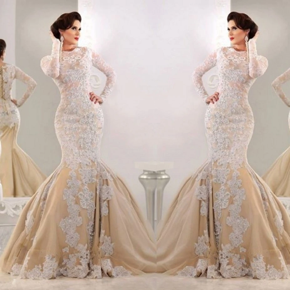 

Muslim Dubai Wedding Dresses Boho Mermaid O-Neck Lace Long Sleeves Stretchy Chiffon White Country Bridal Gown suknia ślubna