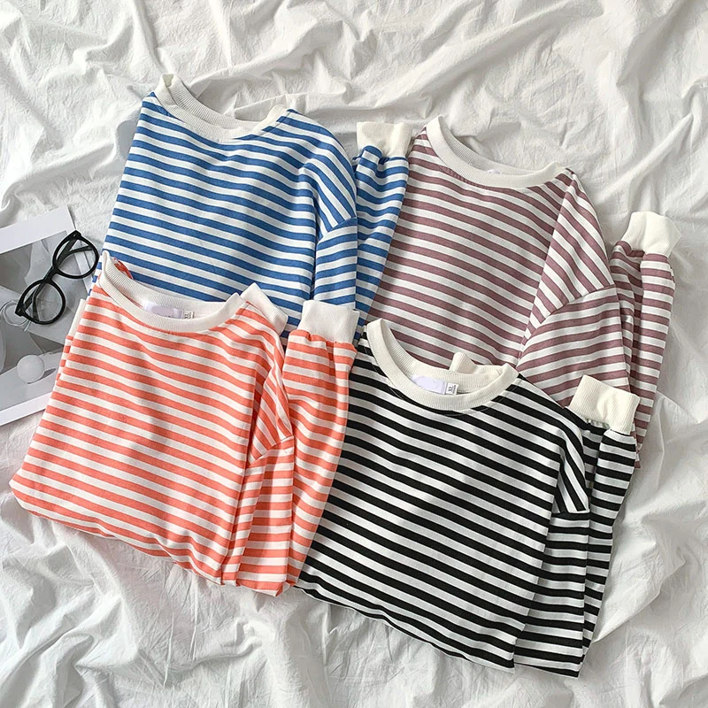 

Striped Women Sweatshirts O-Neck Long-Sleeved Casual All Match Female Pulls Outwear Tops