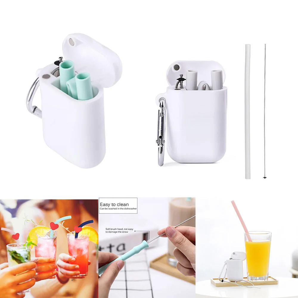 

Creative Folding Straight Straw Set Coffee Drink Reusable PP Plastic Cover Storage Box Brush Cleaner Personal Hygiene Travel New