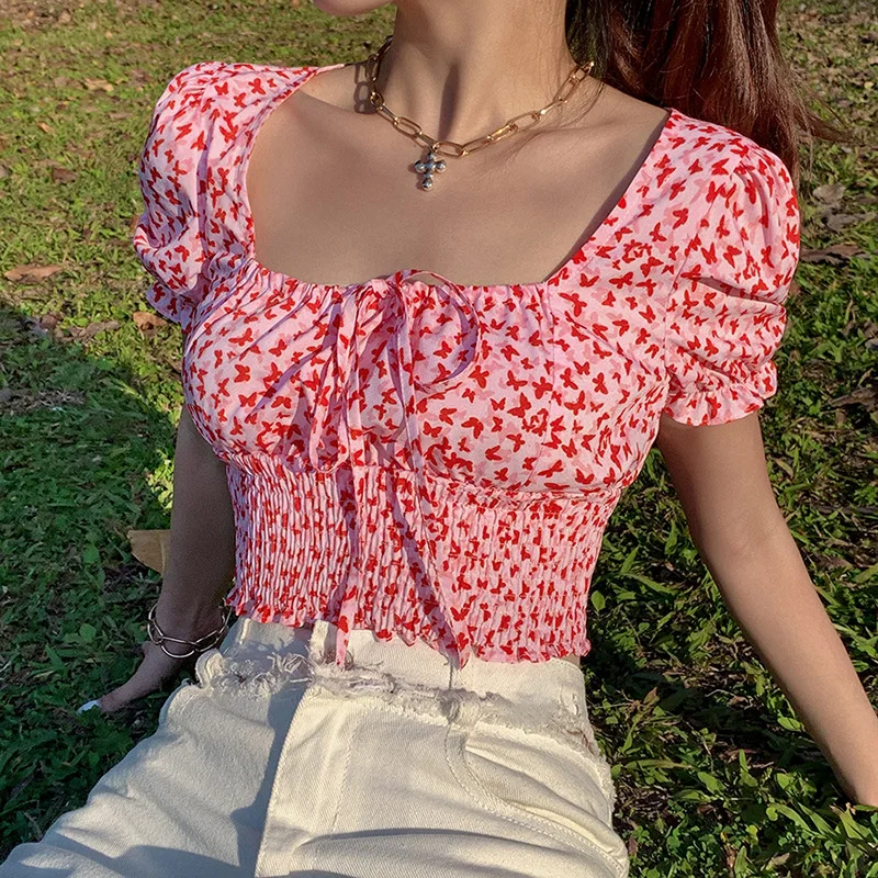 

Women's Square Collar T-Shirts Shot Puff Sleeve Fashion Floral Top for Summer Lace Up Crop Top Ruffles Strech Shirts Clubwear