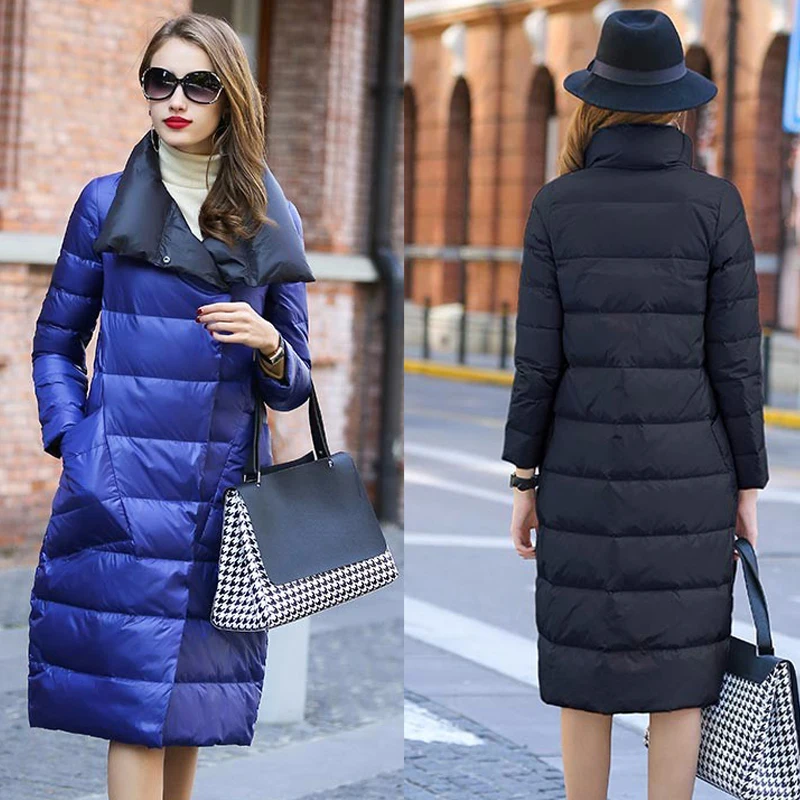 blue and black Double Sided Women's Down Jacket Long Winter Turtleneck White Duck Down Coat Female Double Breasted Plus size Warm Plaid Parkas - Цвет: blue and black