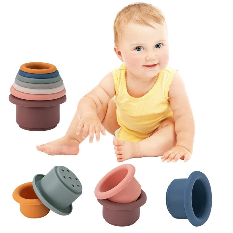 

7pcs Baby Stacking Cup Toys Montessori Toddler Bath Toys Silicone Stack Tower Gift Bathing Water Game Bathtub Toy For Children
